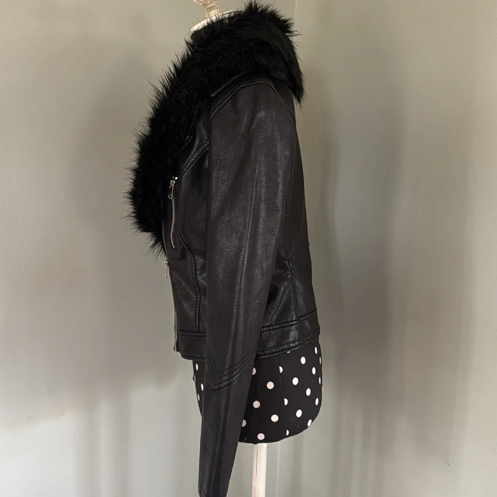 Bar III Black Vegan Leather Jacket with Faux Fur Collar and Studs - Picture 4 of 6